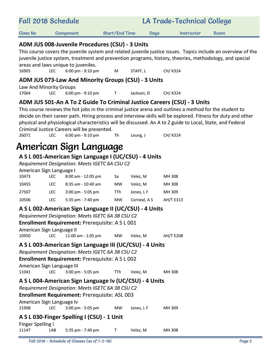 Fall 2018 Class Schedule By Lattc Los Angeles Trade Tech Community College