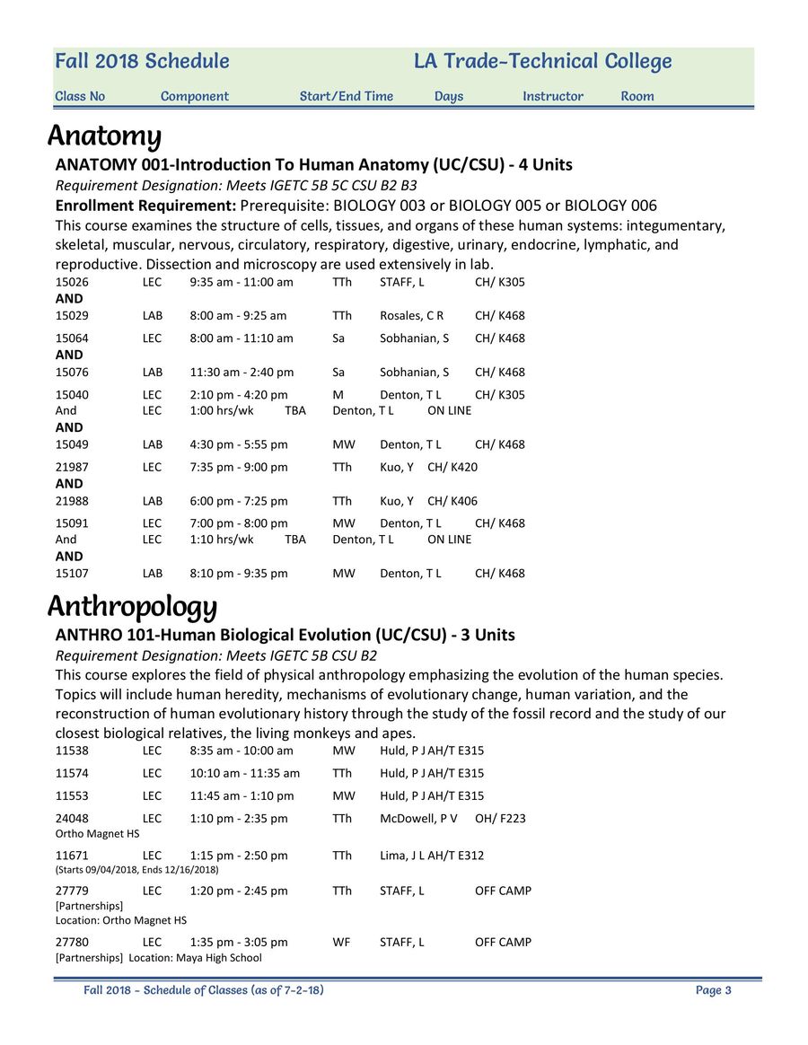 Fall 2018 Class Schedule By Lattc Los Angeles Trade Tech Community College