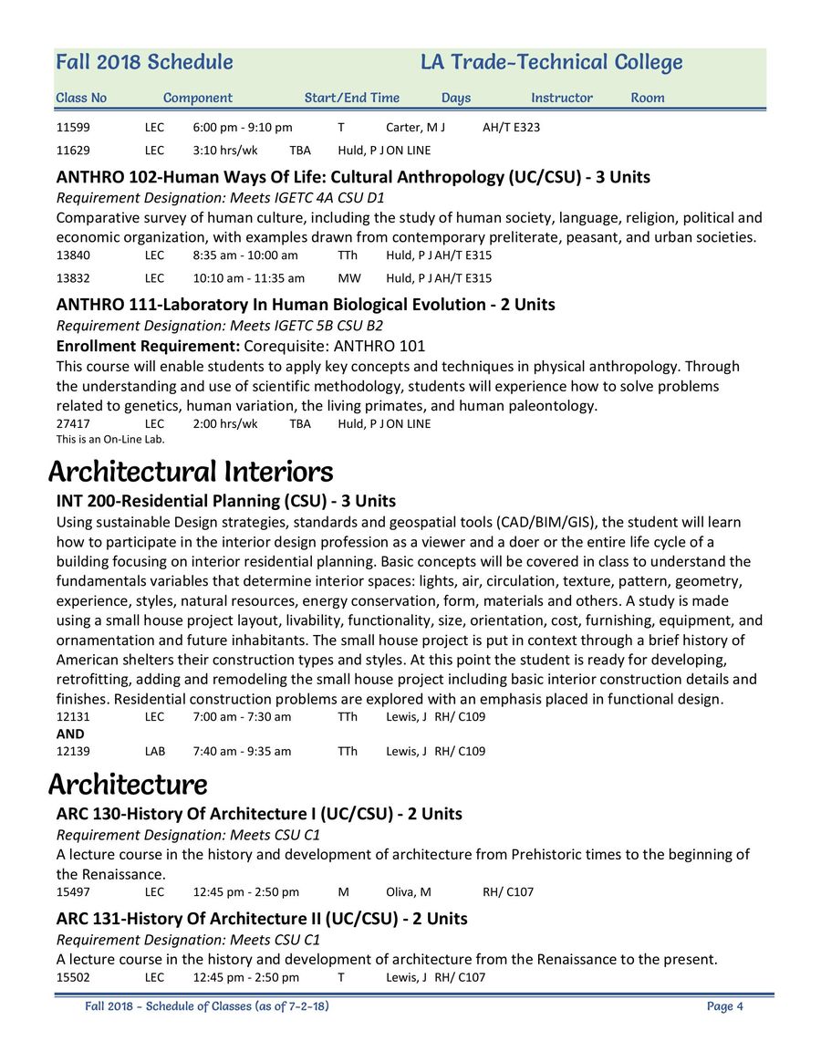 Fall 2018 Class Schedule By Lattc Los Angeles Trade Tech Community College